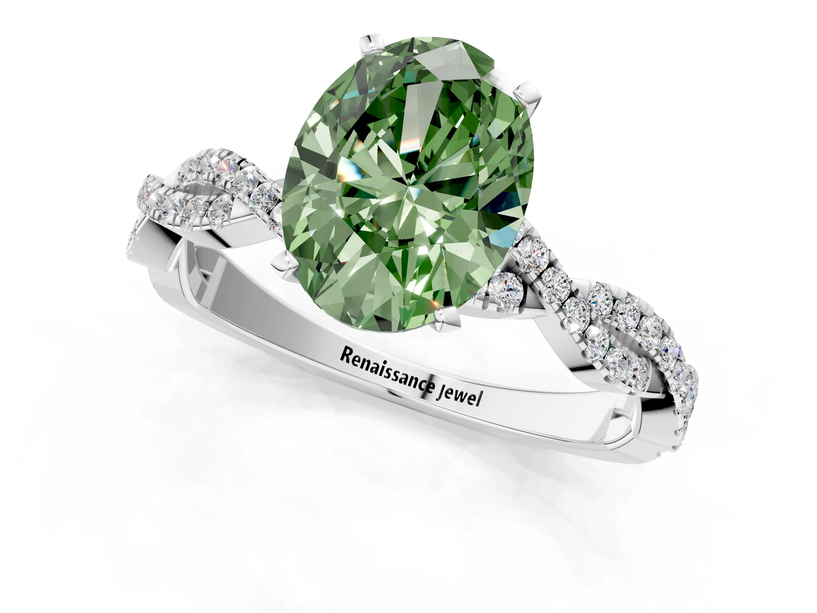 White gold Fancy Green Oval Cut Solitaire Twisted Pave Band with Four-Prong Setting_16