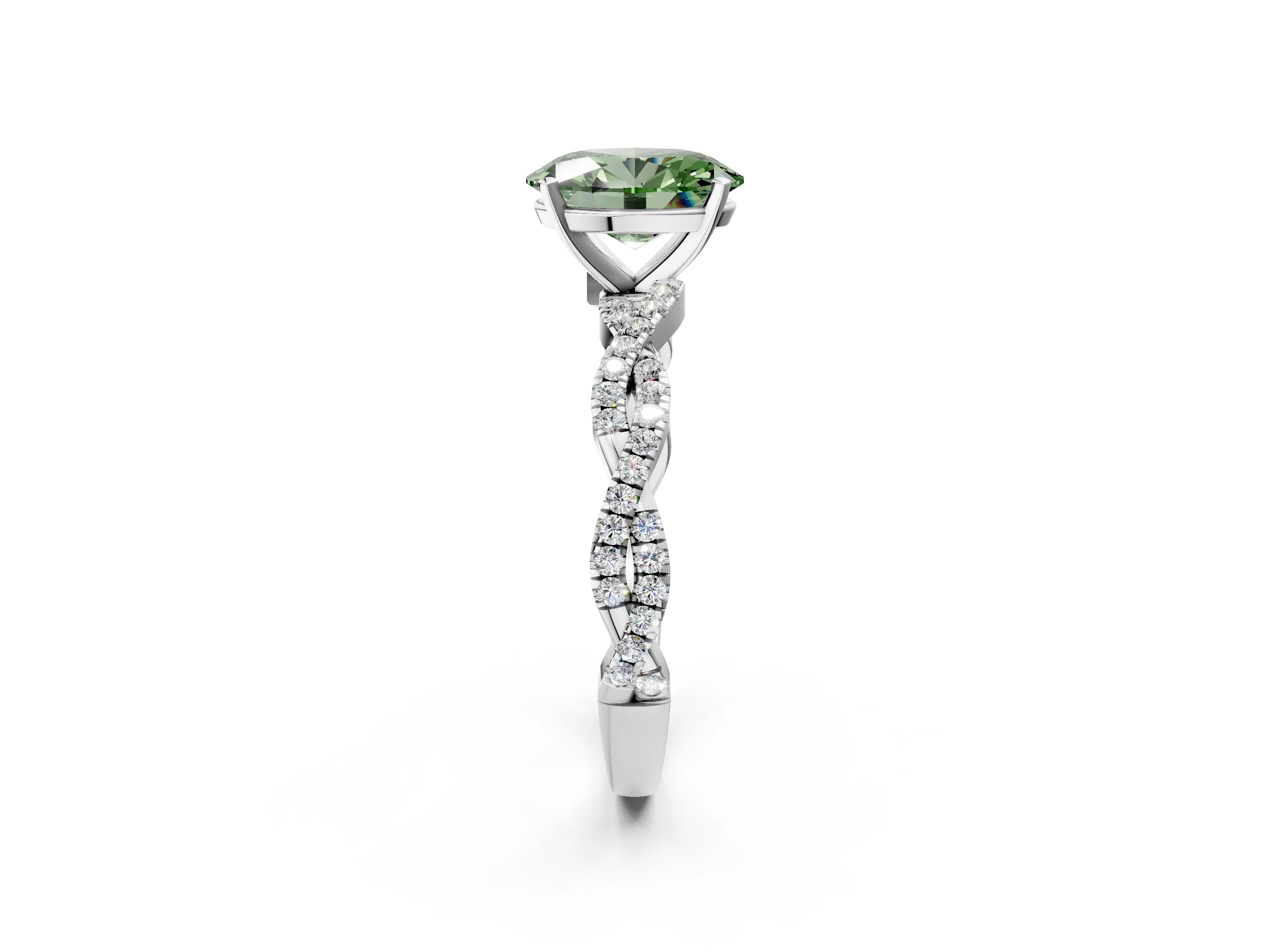 White gold Fancy Green Oval Cut Solitaire Twisted Pave Band with Four-Prong Setting_17