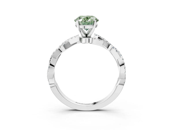 Platinum Fancy Green Oval Cut Solitaire Twisted Pave Band with Four-Prong Setting