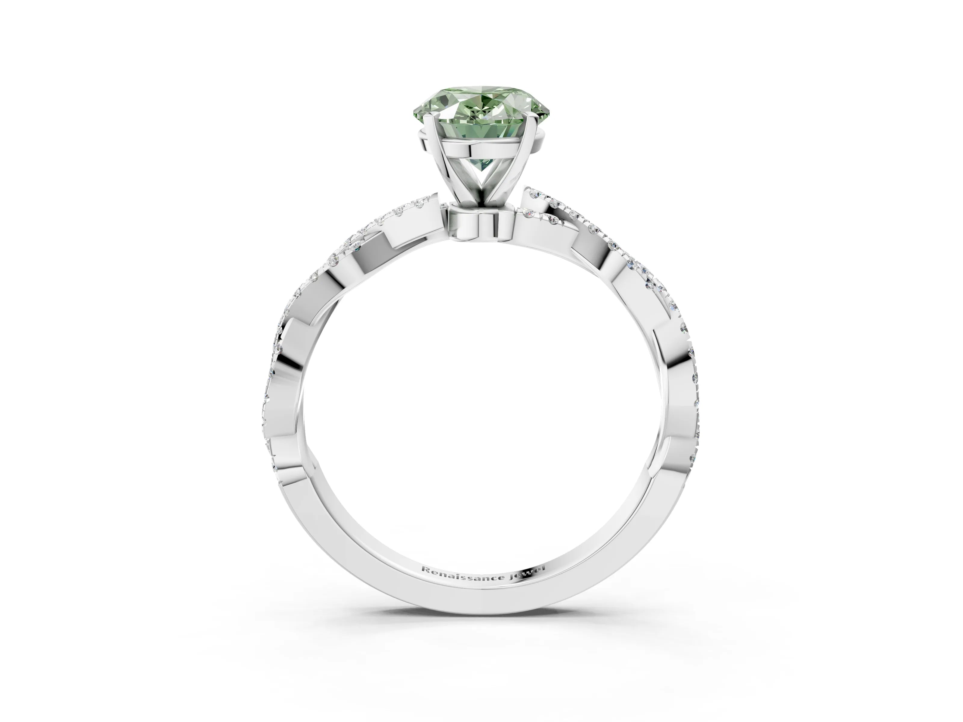 White gold Fancy Green Oval Cut Solitaire Twisted Pave Band with Four-Prong Setting_18