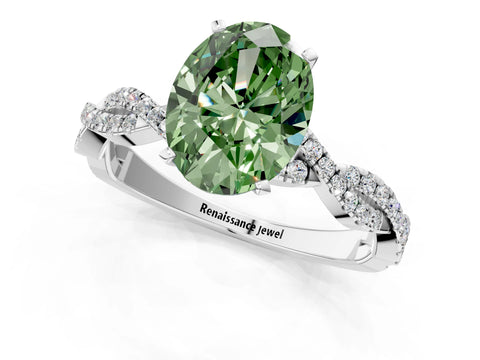White gold Fancy Green Oval Cut Solitaire Twisted Pave Band with Four-Prong Setting_4