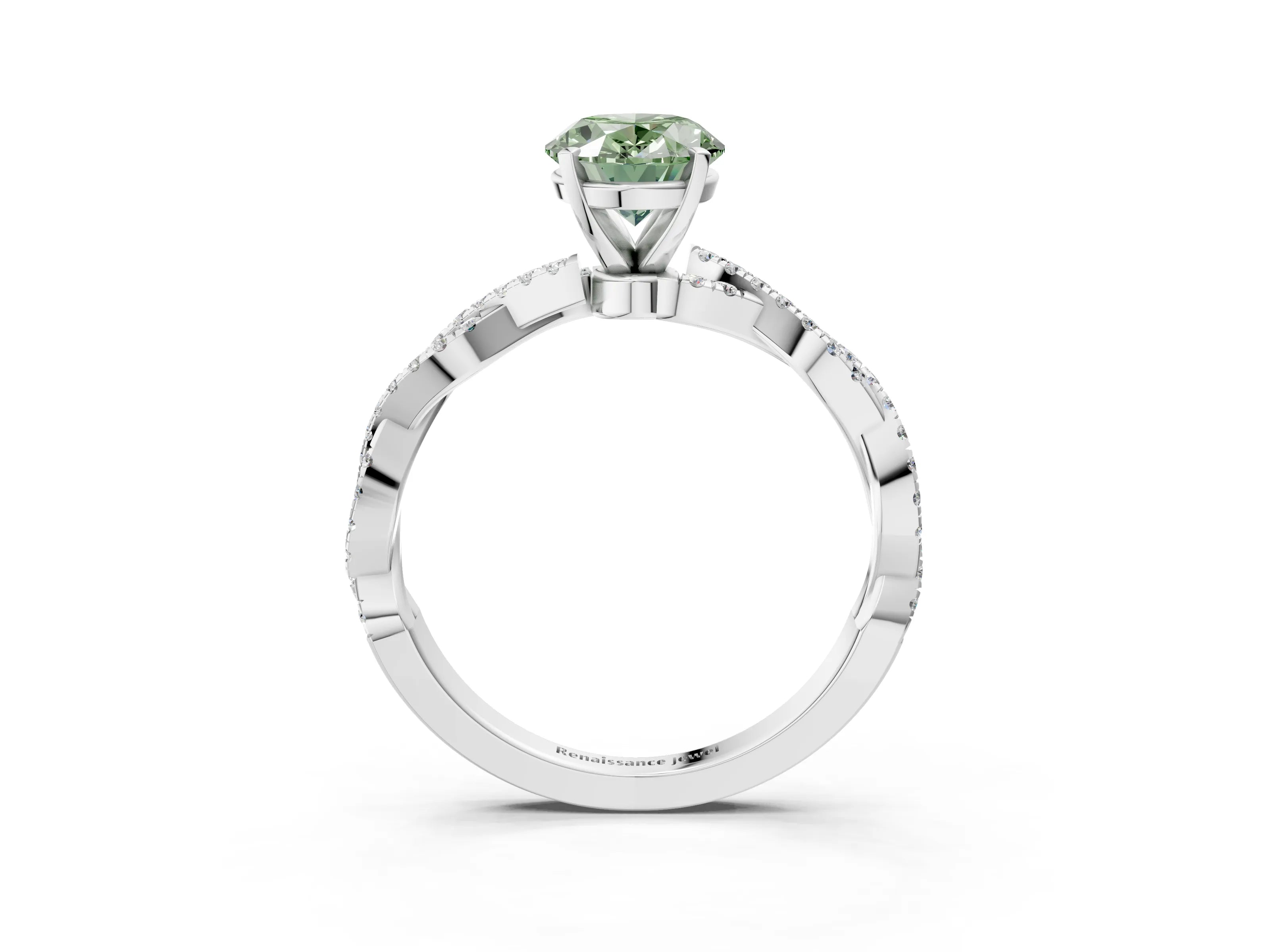 White gold Fancy Green Oval Cut Solitaire Twisted Pave Band with Four-Prong Setting_6