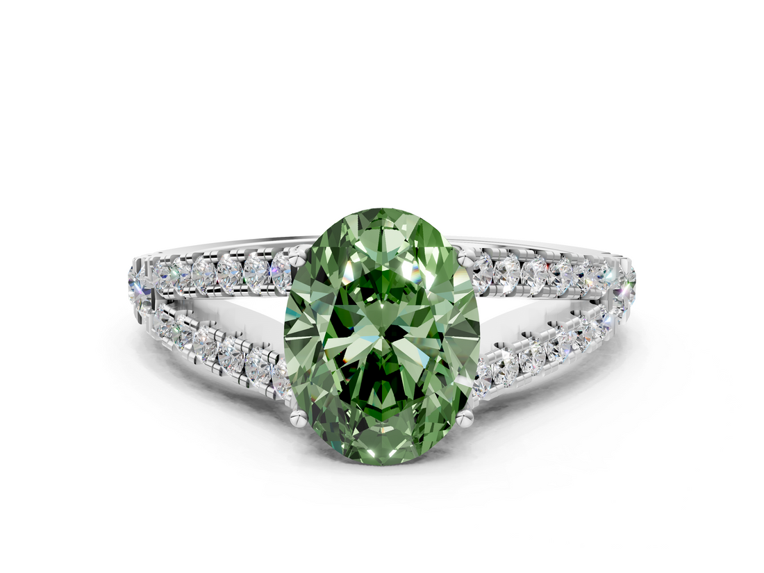 White gold Fancy Green Oval  Cut Split Shank Pave Diamond Engagement Ring with Four-Prong Setting_24