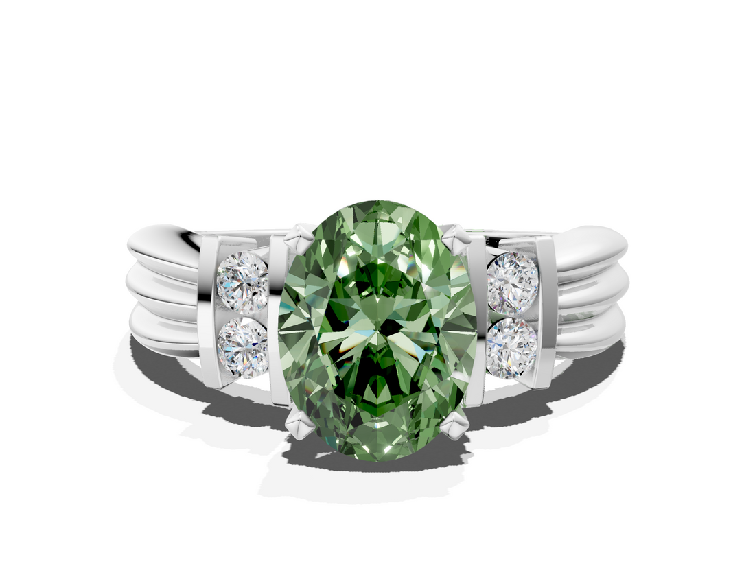 White gold Fancy Green Oval  Cut Three-Stone Channel Set Ring with Bar Prongs_65