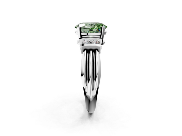 White gold Fancy Green Oval  Cut Three-Stone Channel Set Ring with Bar Prongs