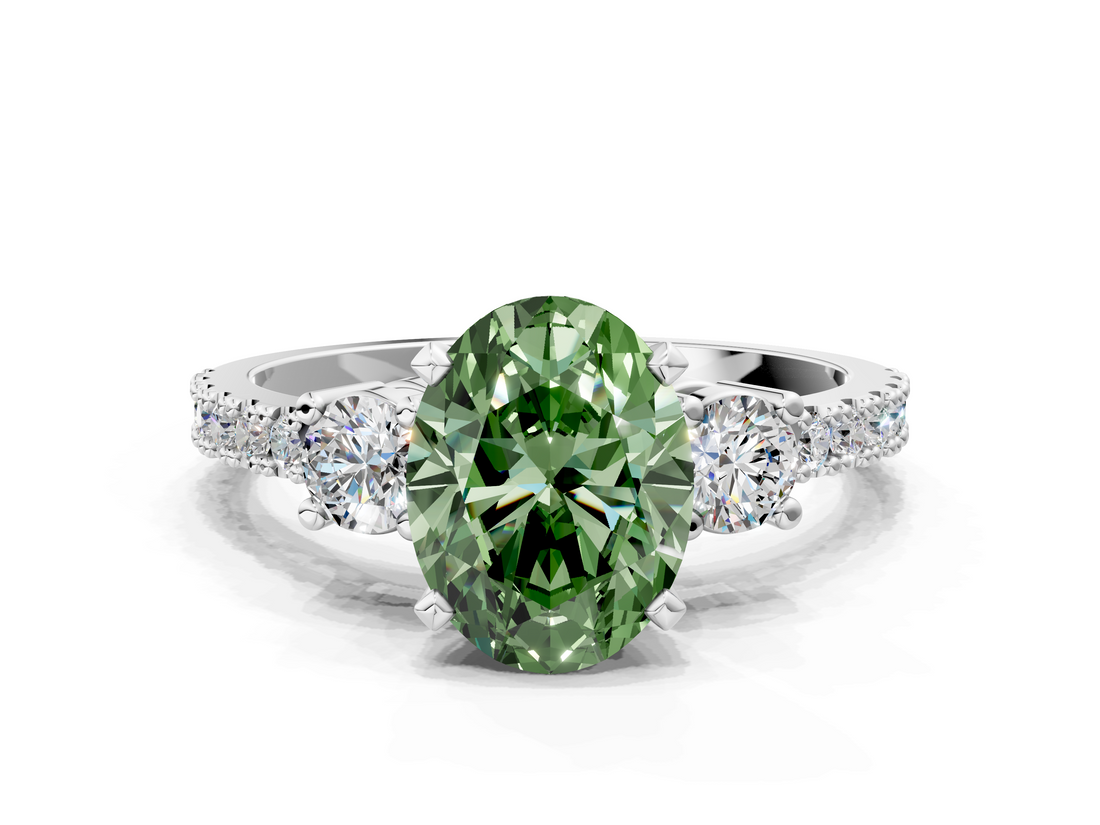 White gold Fancy Green Oval  Cut Three-Stone Diamond Pavé Band with Prong Setting_17