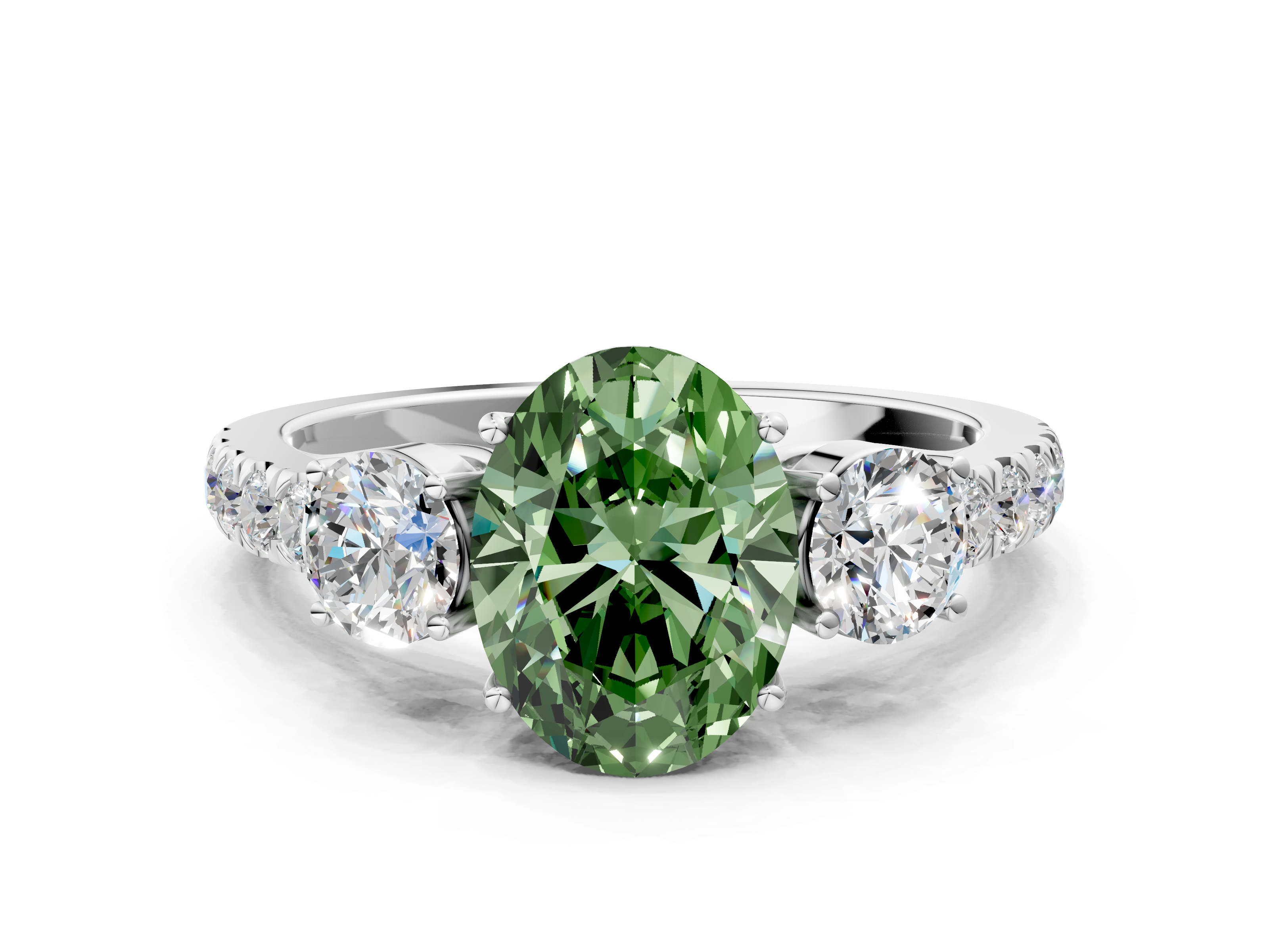 White gold Fancy Green Oval  Cut Three-Stone Diamond Pave Band with Prong Setting_20