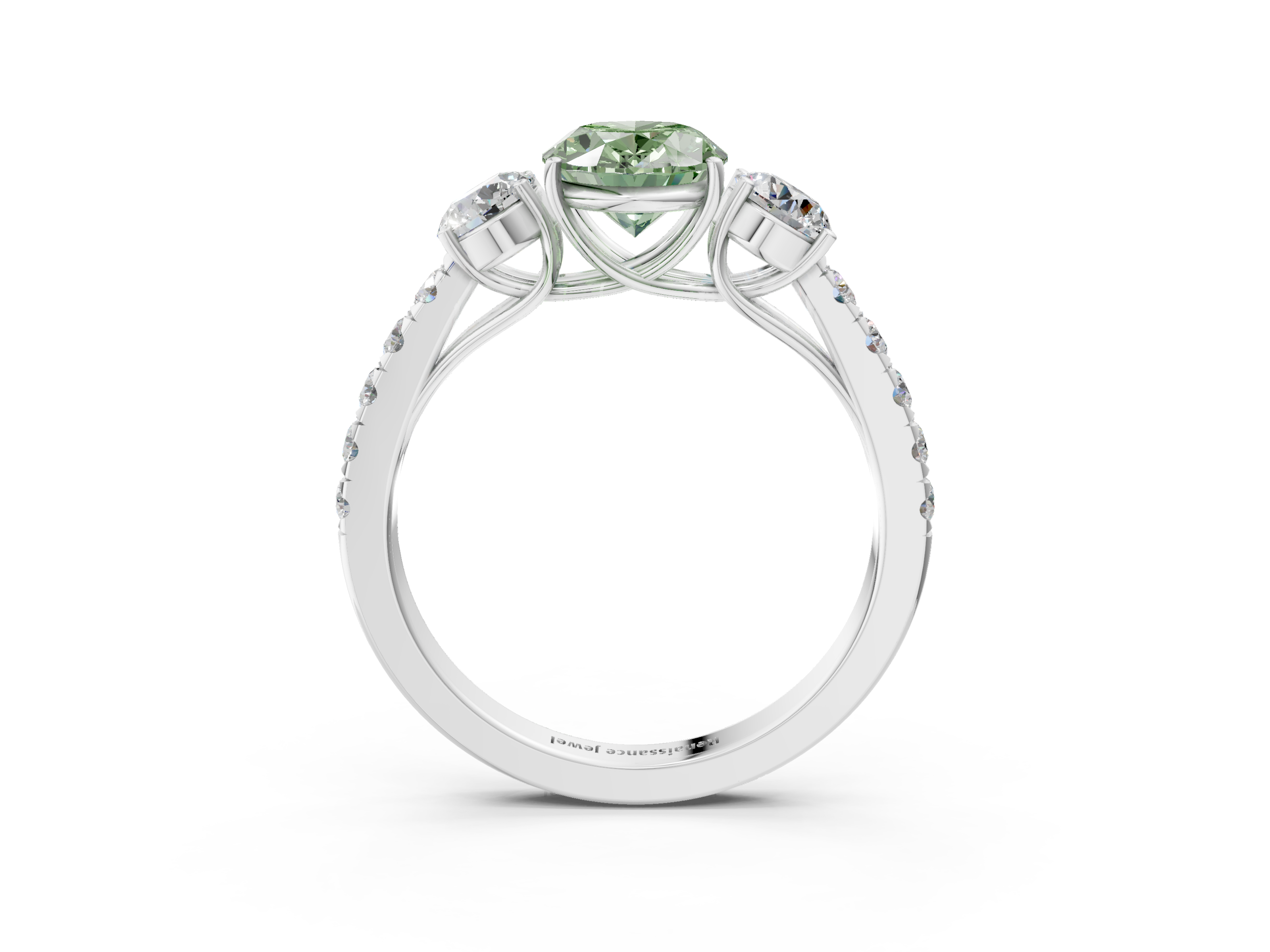 White gold Fancy Green Oval  Cut Three-Stone Diamond Pave Band with Prong Setting_23