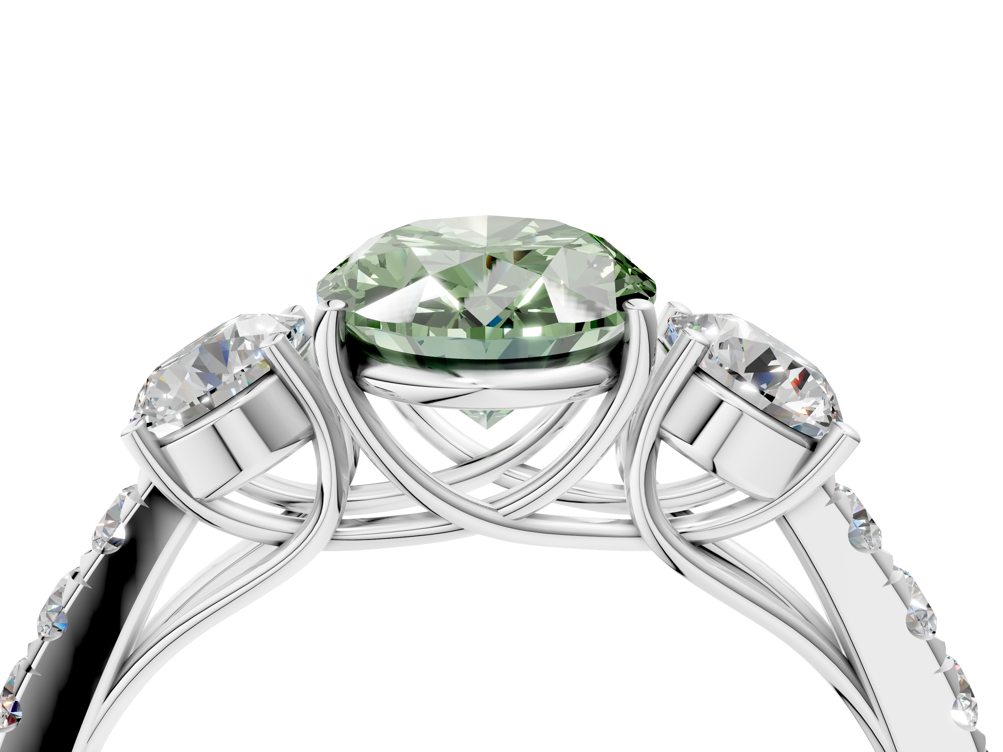 White gold Fancy Green Oval  Cut Three-Stone Diamond Pave Band with Prong Setting_24