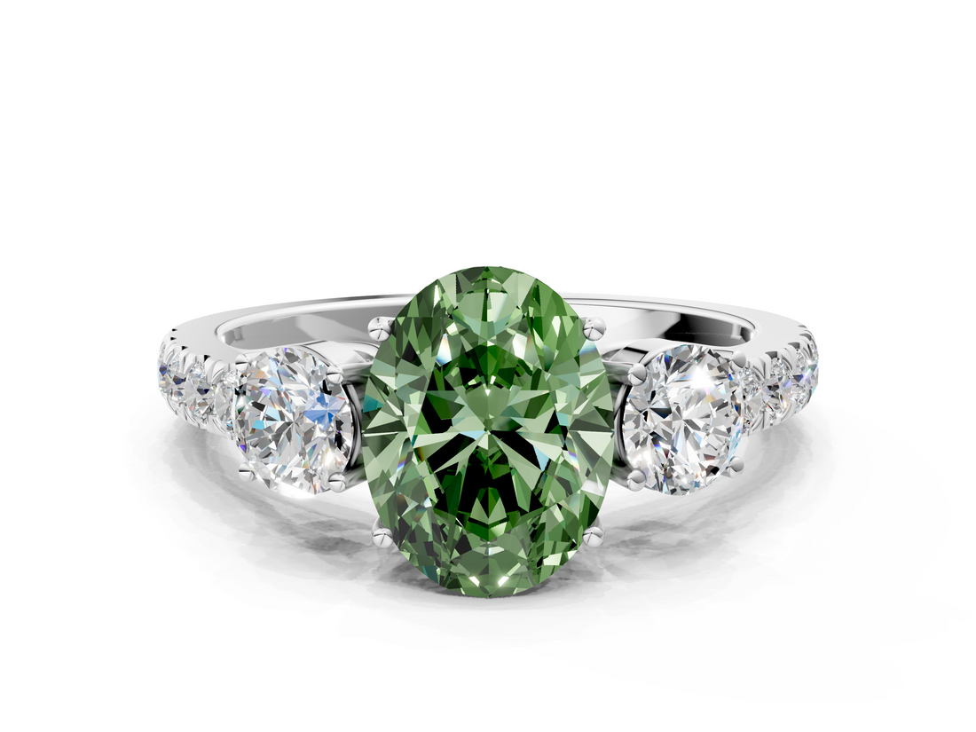 White gold Fancy Green Oval  Cut Three-Stone Diamond Pave Band with Prong Setting_37