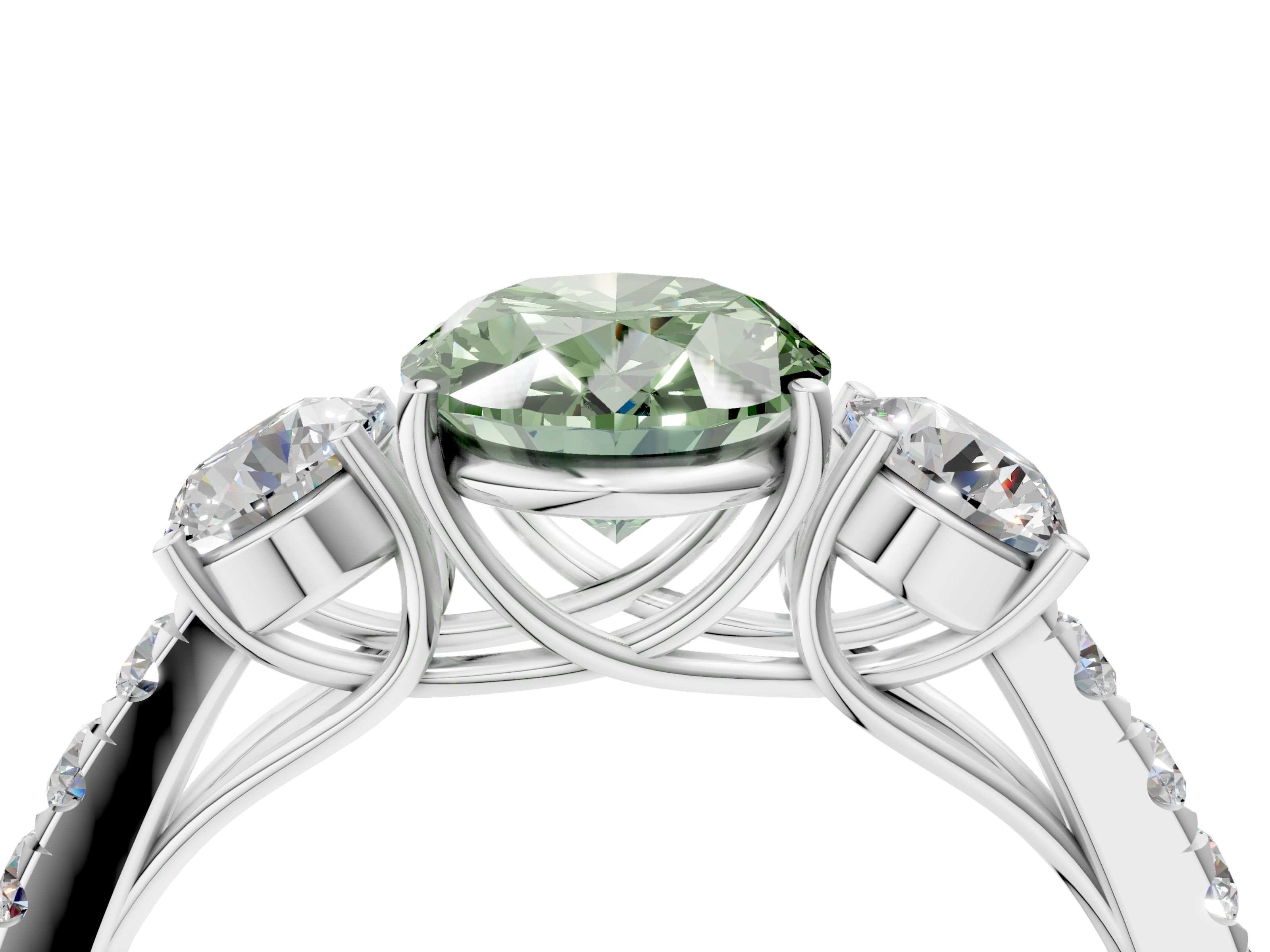 White gold Fancy Green Oval  Cut Three-Stone Diamond Pave Band with Prong Setting_41