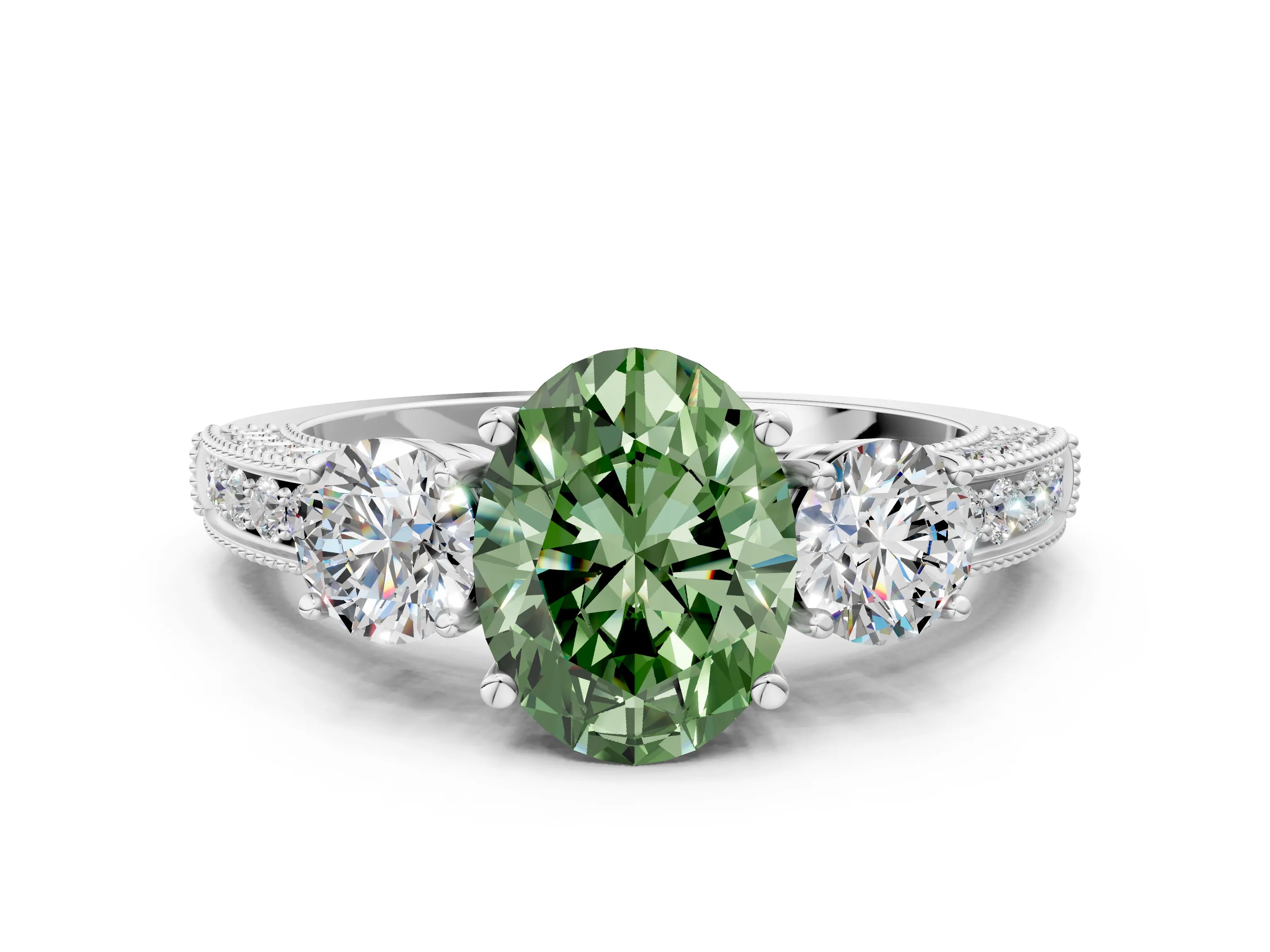 White gold Fancy Green Oval Cut Three-Stone Diamond Ring with Pavé Band and Four-Prong Setting