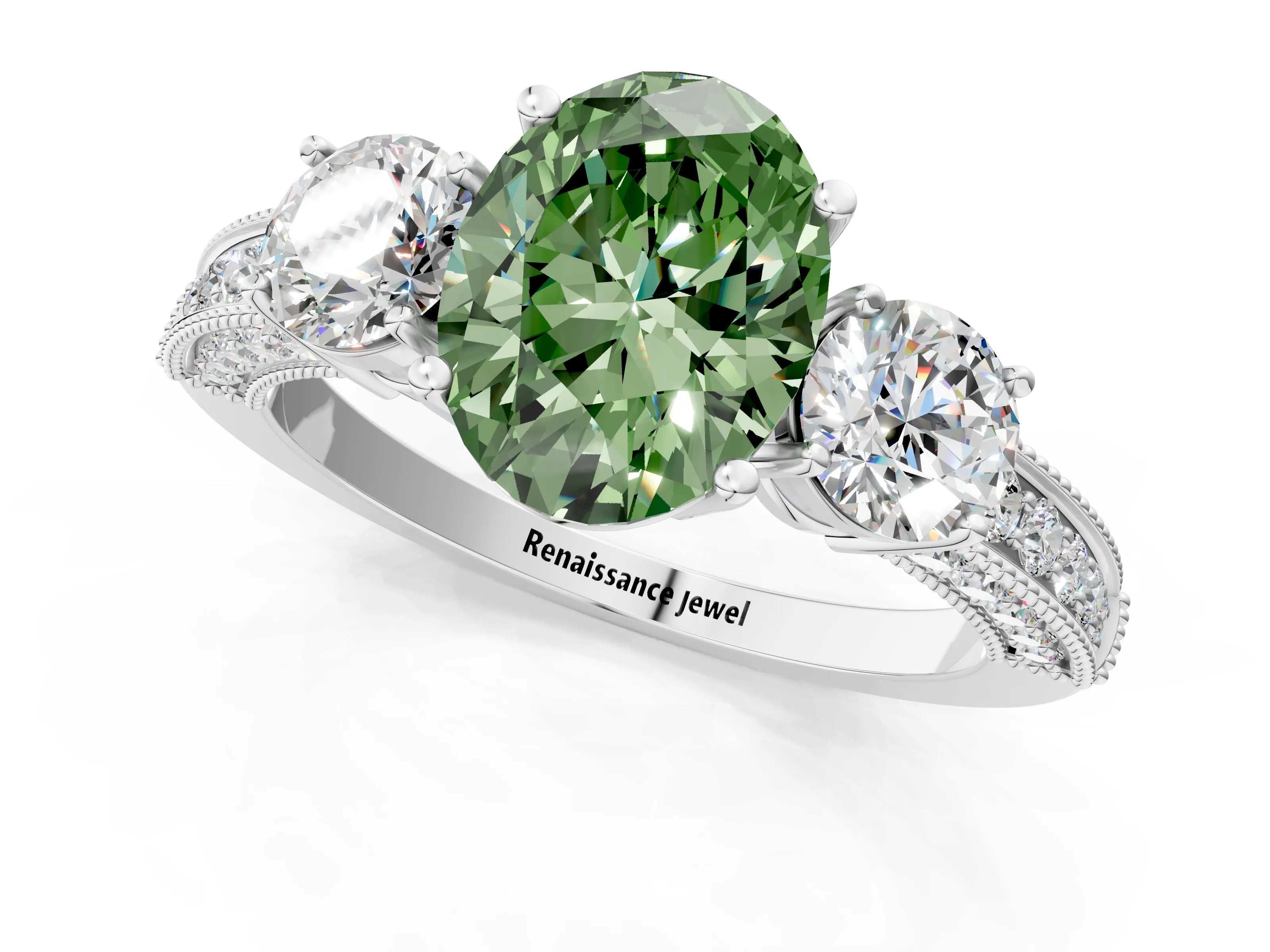 White gold Fancy Green Oval Cut Three-Stone Diamond Ring with Pavé Band and Four-Prong Setting_1