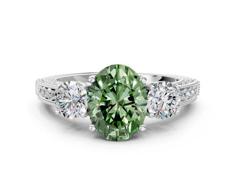 White gold Fancy Green Oval Cut Three-Stone Diamond Ring with Pavé Band and Four-Prong Setting_12