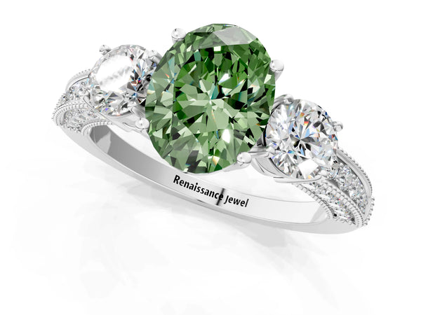 White gold Fancy Green Oval Cut Three-Stone Diamond Ring with Pavé Band and Four-Prong Setting