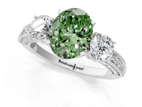 White gold Fancy Green Oval Cut Three-Stone Diamond Ring with Pavé Band and Four-Prong Setting_13