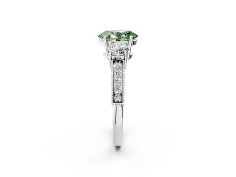White gold Fancy Green Oval Cut Three-Stone Diamond Ring with Pavé Band and Four-Prong Setting_14