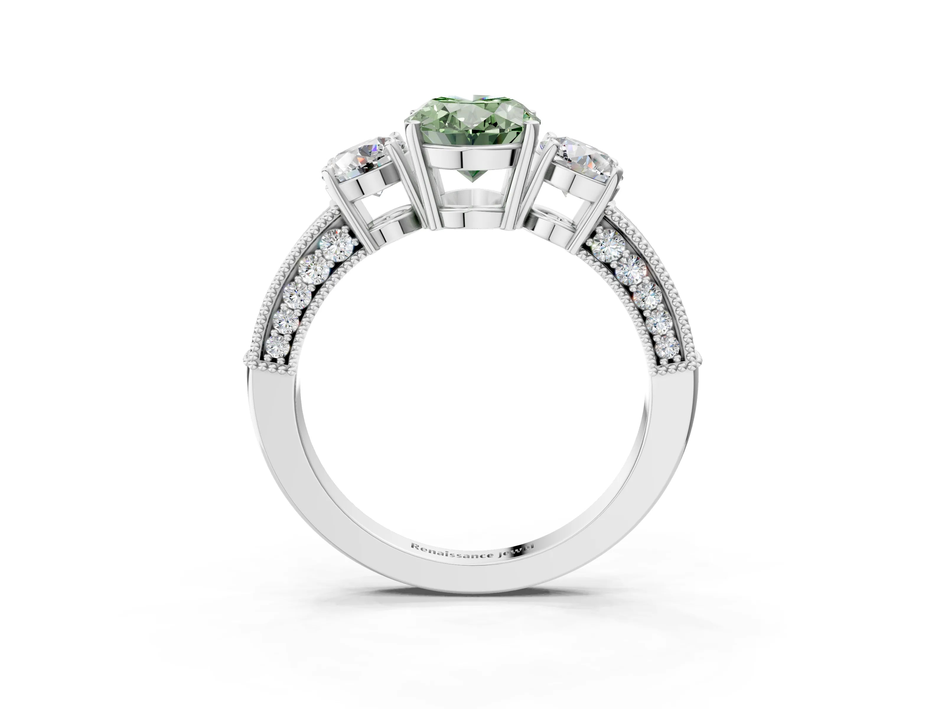 White gold Fancy Green Oval Cut Three-Stone Diamond Ring with Pavé Band and Four-Prong Setting_15