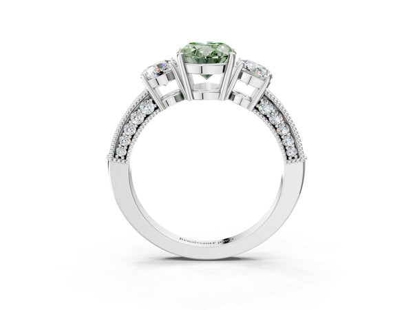 White gold Fancy Green Oval Cut Three-Stone Diamond Ring with Pavé Band and Four-Prong Setting