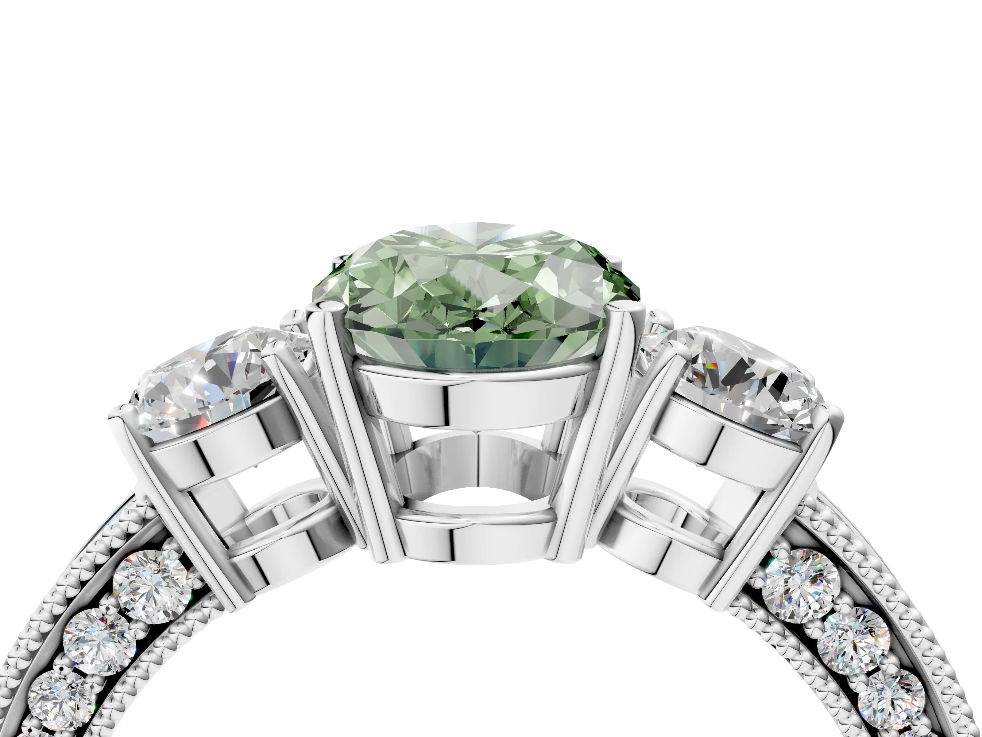 White gold Fancy Green Oval Cut Three-Stone Diamond Ring with Pavé Band and Four-Prong Setting_16