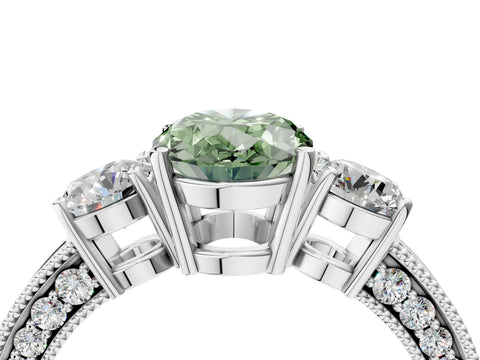 White gold Fancy Green Oval Cut Three-Stone Diamond Ring with Pavé Band and Four-Prong Setting_16