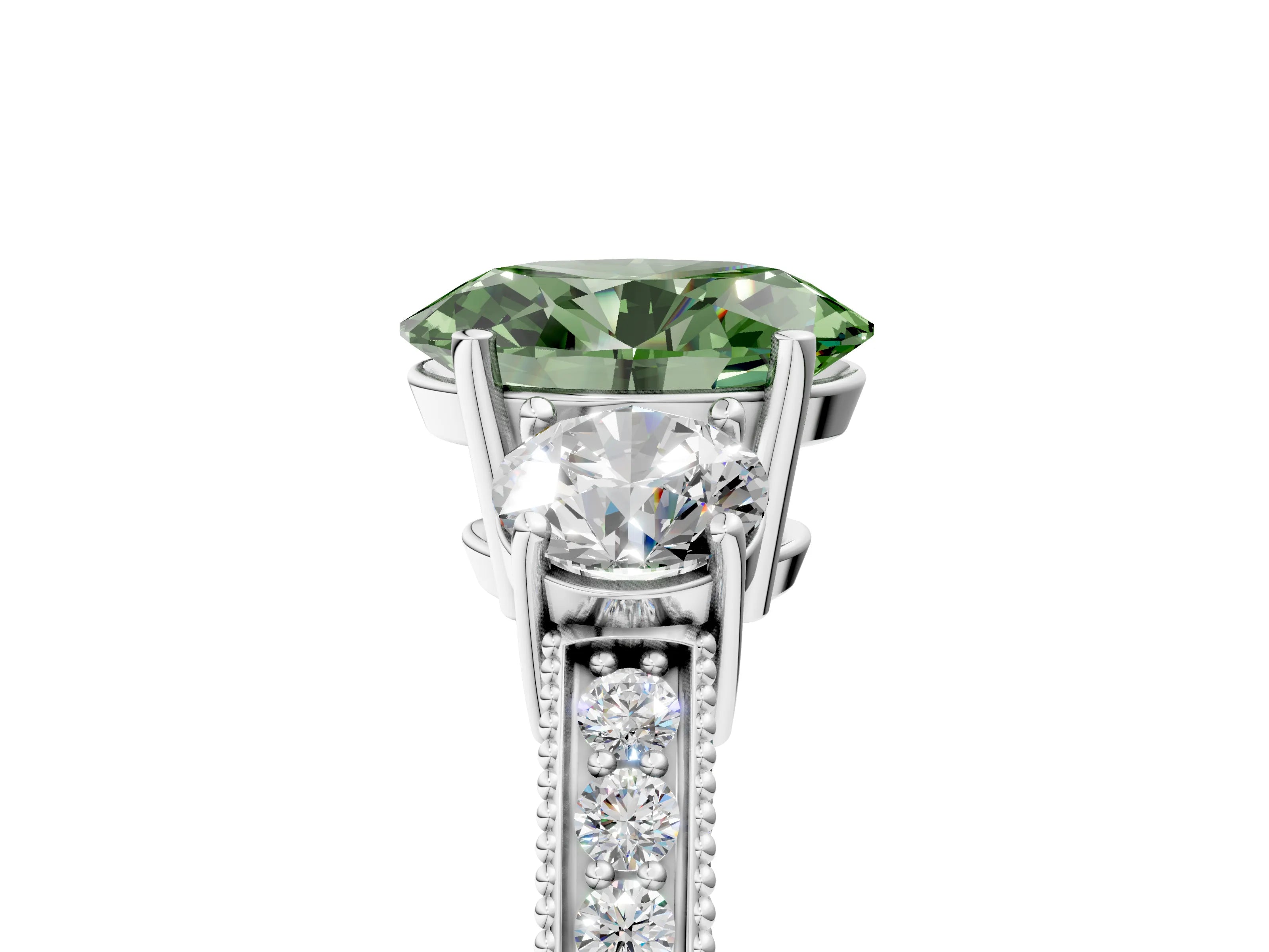 White gold Fancy Green Oval Cut Three-Stone Diamond Ring with Pavé Band and Four-Prong Setting_17