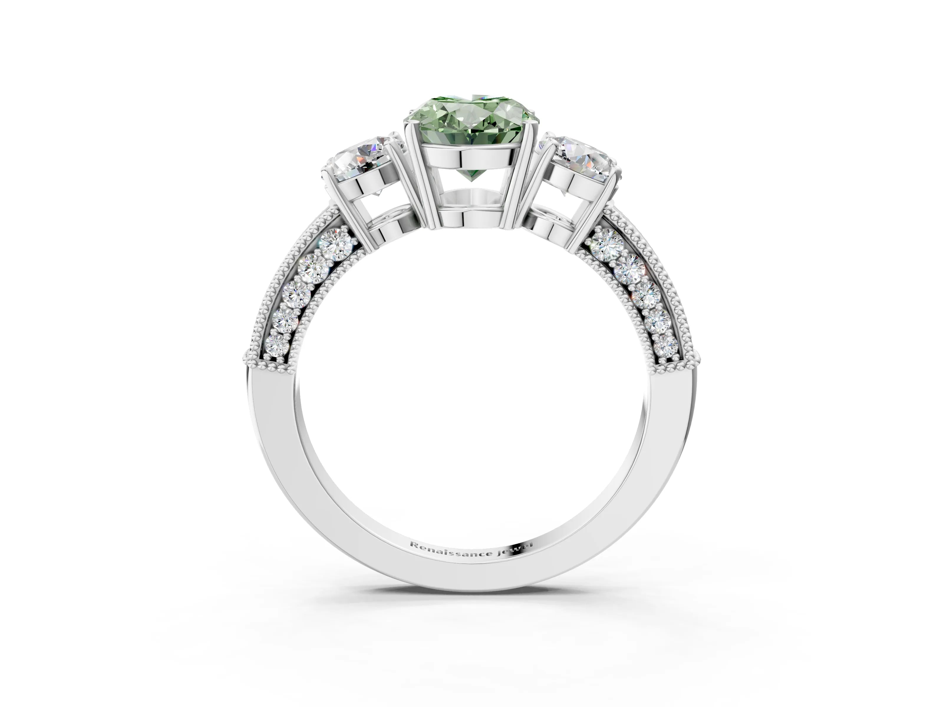 White gold Fancy Green Oval Cut Three-Stone Diamond Ring with Pavé Band and Four-Prong Setting_3