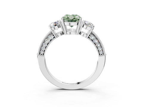 White gold Fancy Green Oval Cut Three-Stone Diamond Ring with Pavé Band and Four-Prong Setting_3