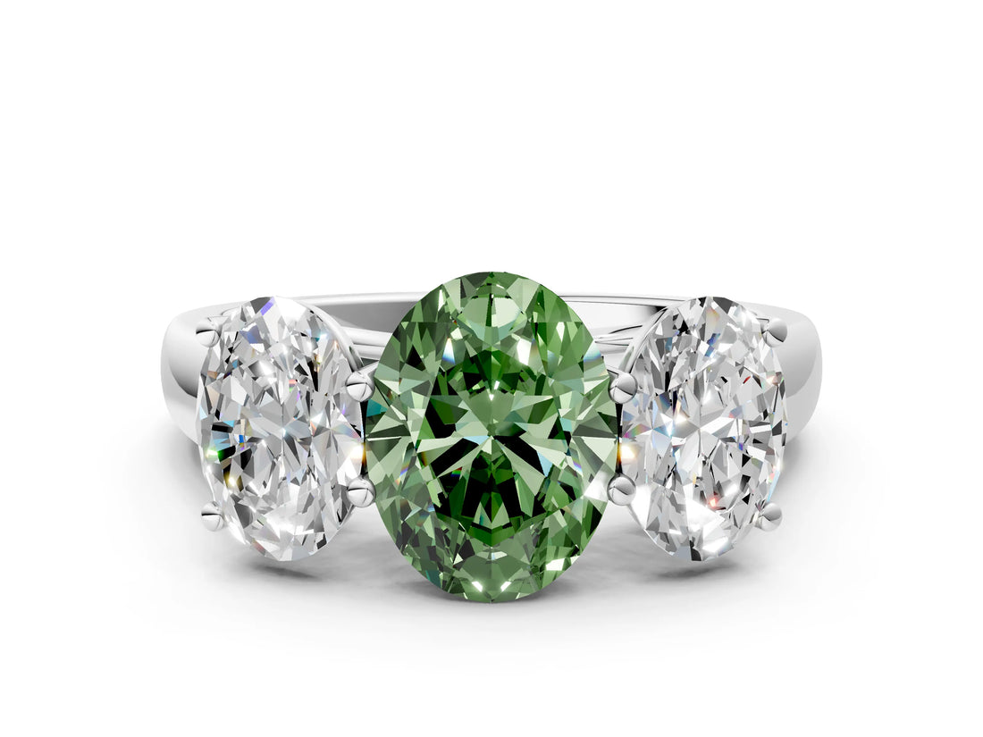 White gold Fancy Green Oval Cut Three-Stone Diamond Ring with Prong Setting on a Classic Band_12