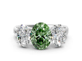 White gold Fancy Green Oval Cut Three-Stone Diamond Ring with Prong Setting on a Classic Band_12