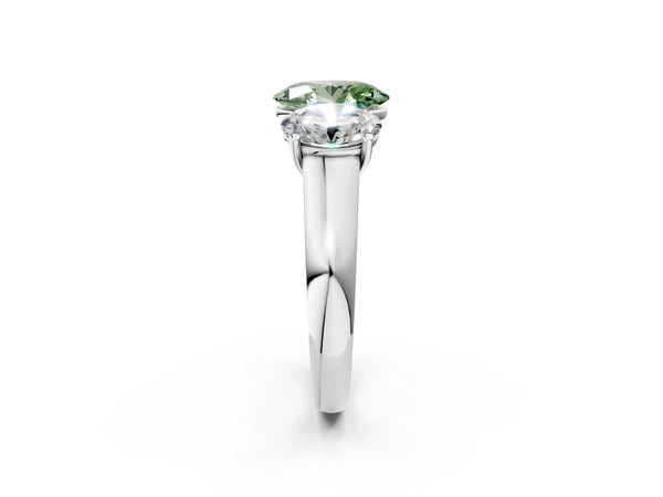 White gold Fancy Green Oval Cut Three-Stone Diamond Ring with Prong Setting on a Classic Band