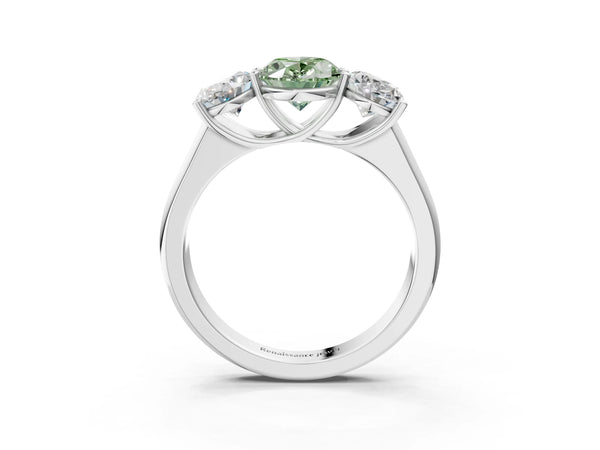 White gold Fancy Green Oval Cut Three-Stone Diamond Ring with Prong Setting on a Classic Band