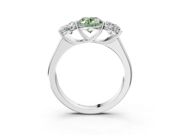 White gold Fancy Green Oval Cut Three-Stone Diamond Ring with Prong Setting on a Classic Band
