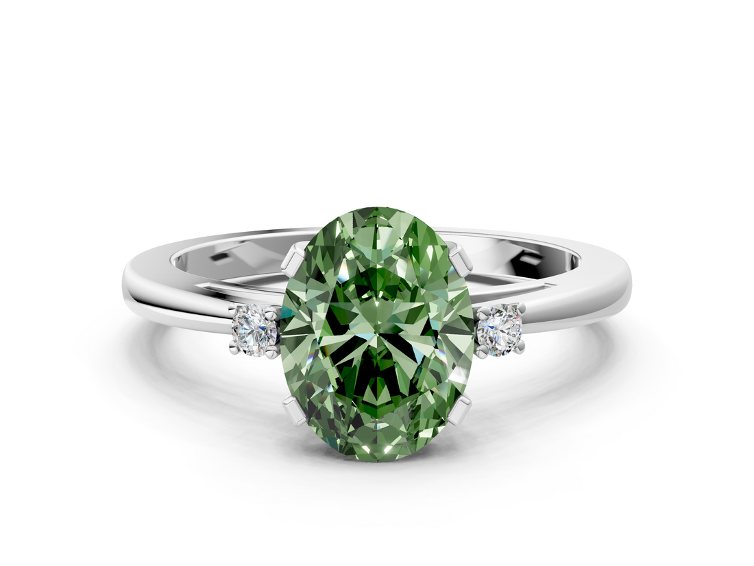 White gold Fancy Green Oval  Cut Three-Stone Solitaire Ring with Round Accent Diamonds and Four-Prong Setting_19