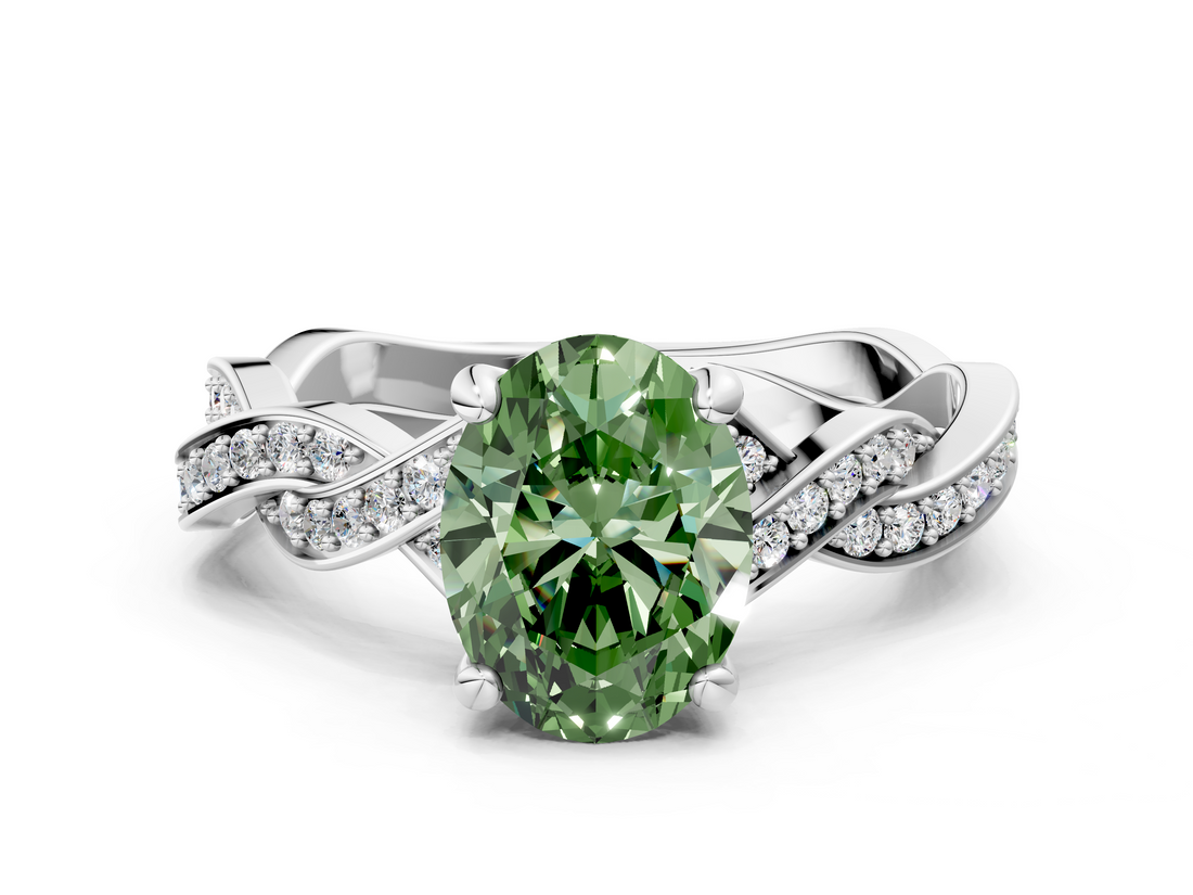 White gold Fancy Green Oval  Cut Twisted Pavé Band Solitaire Ring with Four-Prong Setting_55