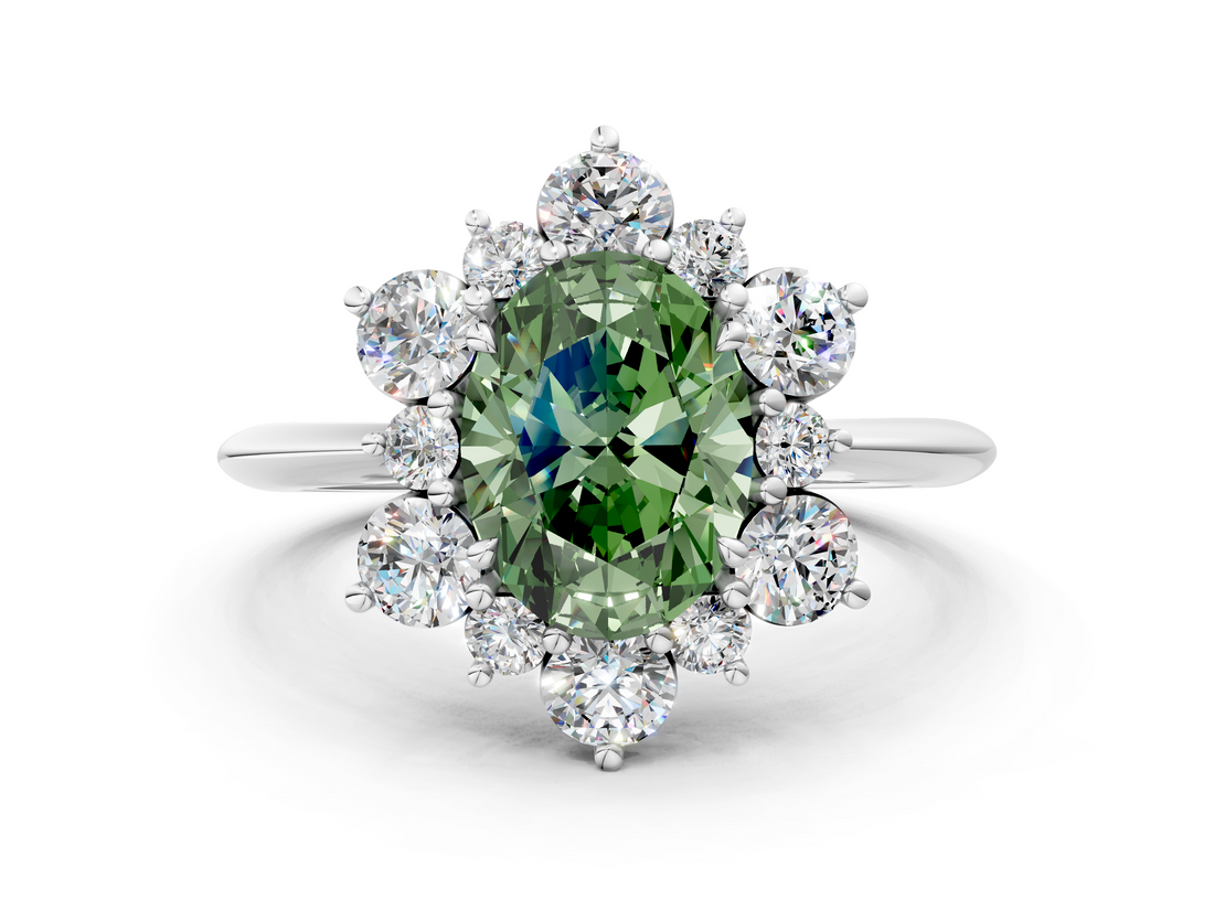 White gold Fancy Green Oval  Diamond Cluster Halo Ring with Solitaire Band and Four-Prong Setting_20