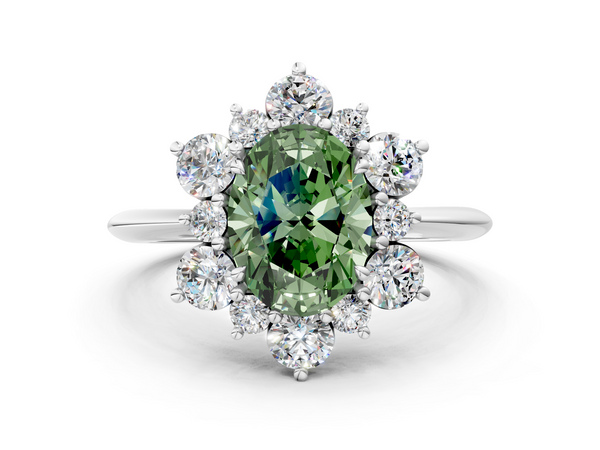 White gold Fancy Green Oval  Diamond Cluster Halo Ring with Solitaire Band and Four-Prong Setting