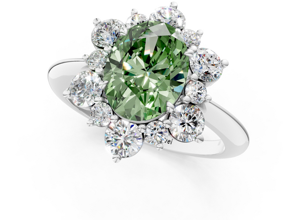 White gold Fancy Green Oval  Diamond Cluster Halo Ring with Solitaire Band and Four-Prong Setting
