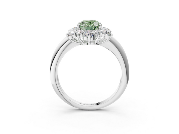 White gold Fancy Green Oval  Diamond Cluster Halo Ring with Solitaire Band and Four-Prong Setting