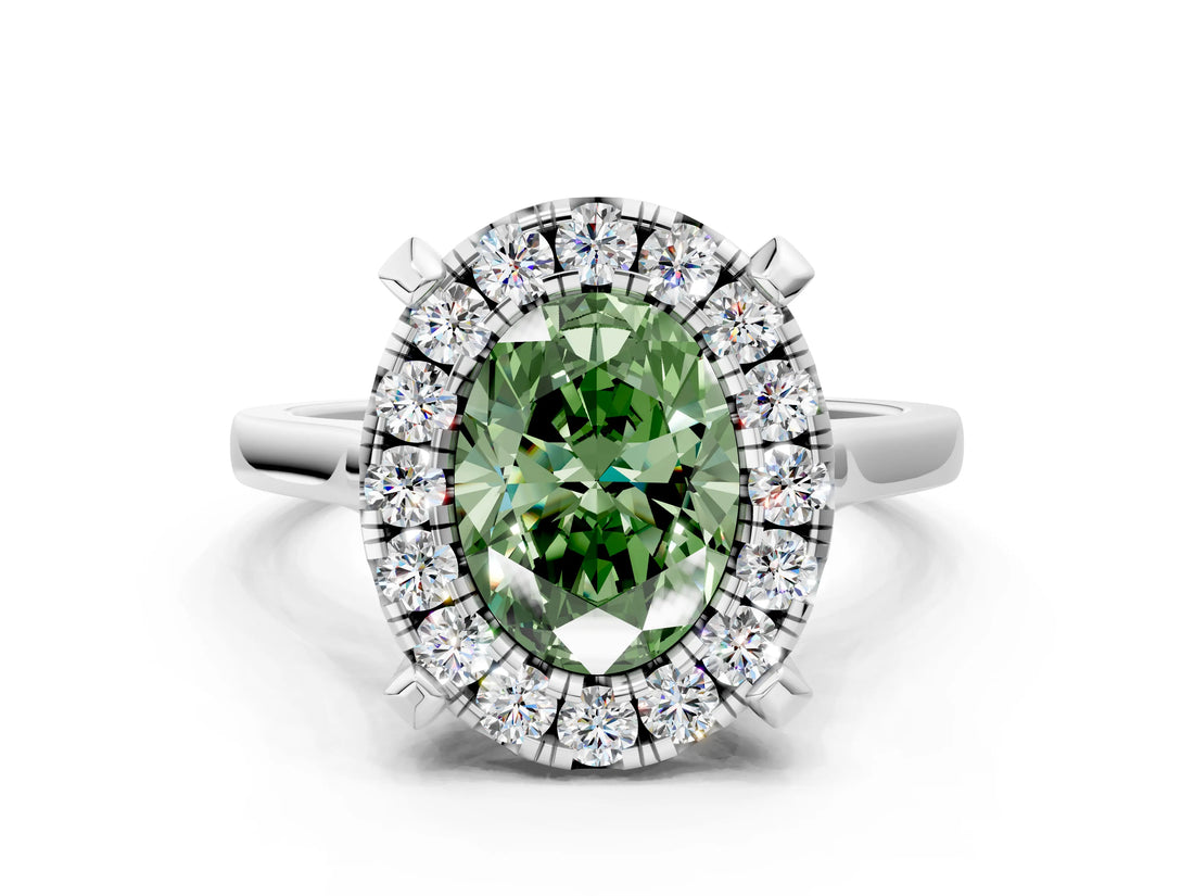 White gold Fancy Green Oval  Diamond Cluster Halo Solitaire with Four-Prong Setting_106