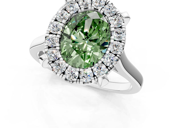 White gold Fancy Green Oval  Diamond Cluster Halo Solitaire with Four-Prong Setting