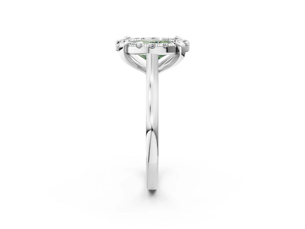 White gold Fancy Green Oval  Diamond Cluster Halo Solitaire with Four-Prong Setting