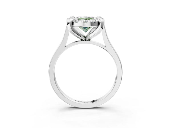 White gold Fancy Green Oval  Diamond Cluster Halo Solitaire with Four-Prong Setting