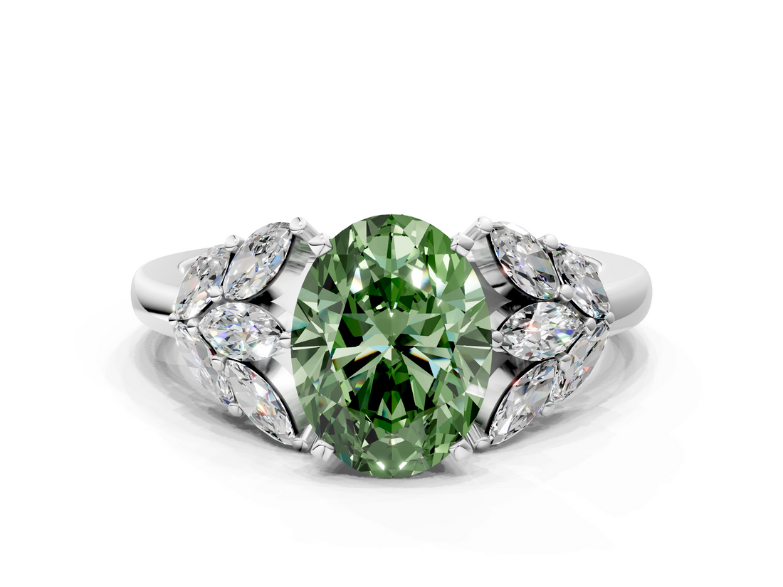White gold Fancy Green Oval  Diamond Cluster Leaf Design Ring with Prong Setting_53