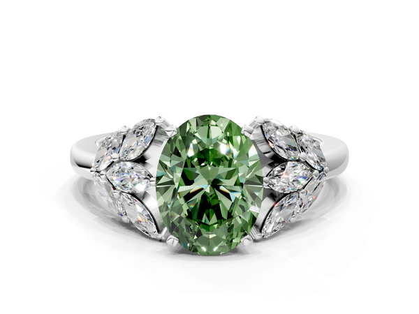 Platinum Fancy Green Oval  Diamond Cluster Leaf Design Ring with Prong Setting
