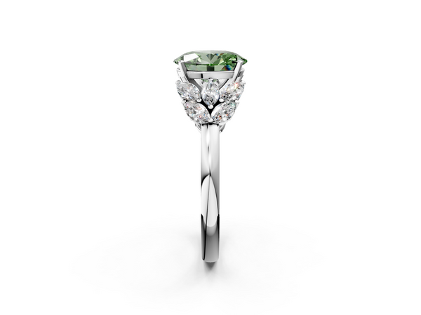 Platinum Fancy Green Oval  Diamond Cluster Leaf Design Ring with Prong Setting