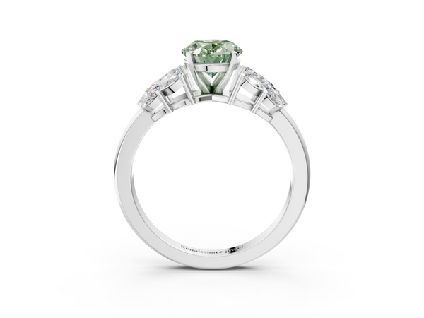 Platinum Fancy Green Oval  Diamond Cluster Leaf Design Ring with Prong Setting