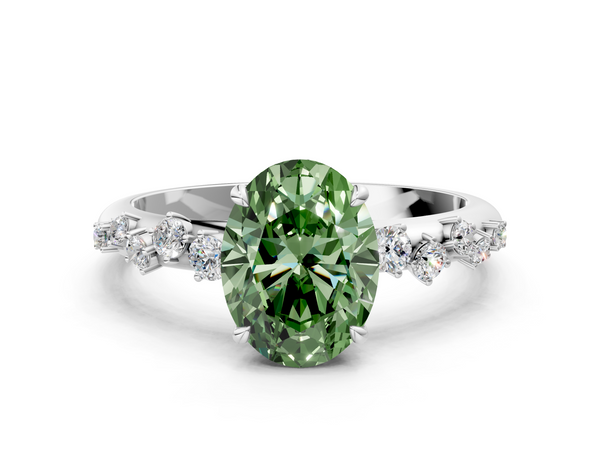 White gold Fancy Green Oval  Diamond Cluster Prong-Set Solitaire Ring