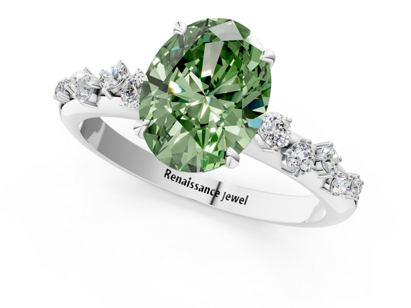 White gold Fancy Green Oval  Diamond Cluster Prong-Set Solitaire Ring