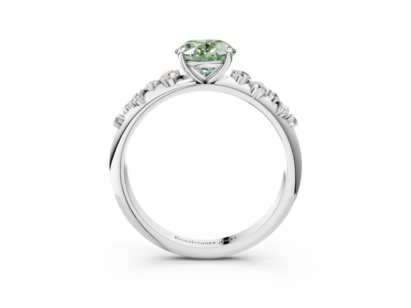 White gold Fancy Green Oval  Diamond Cluster Prong-Set Solitaire Ring